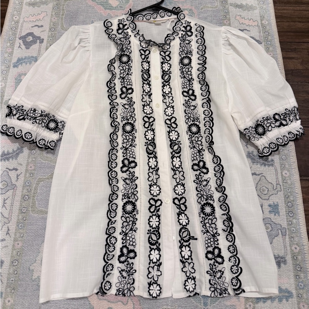 Boden Embroidered Ruffle Button-Up Blouse